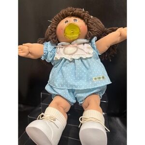 Vintage Cabbage Patch Kid Doll Brown Hair Blue Polka Dot Outfit Pacifier Coleco